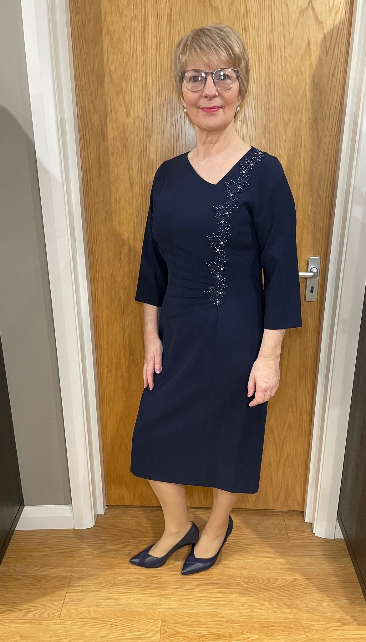 Lizabella Navy Ruched/Embellished Dress