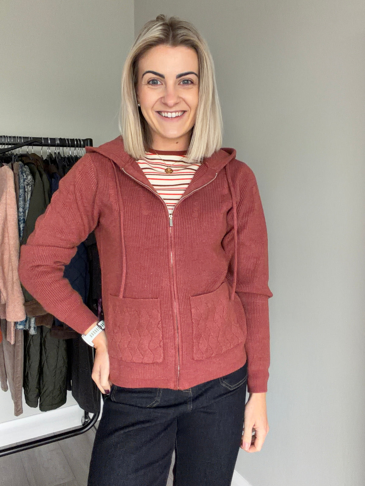 Mudflower Terracotta Cable Hooded Cardigan