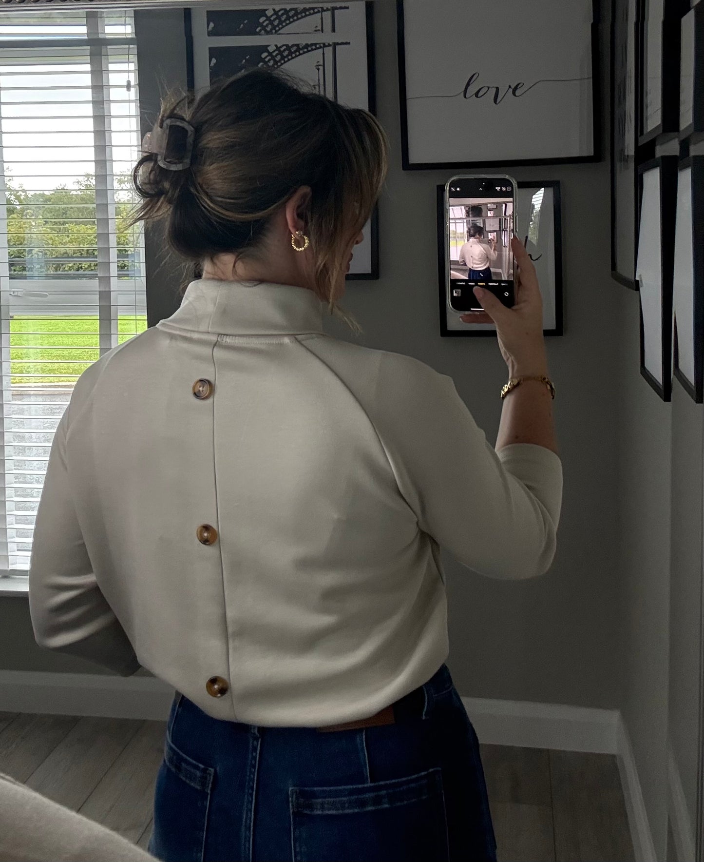 Beige Button Back Top