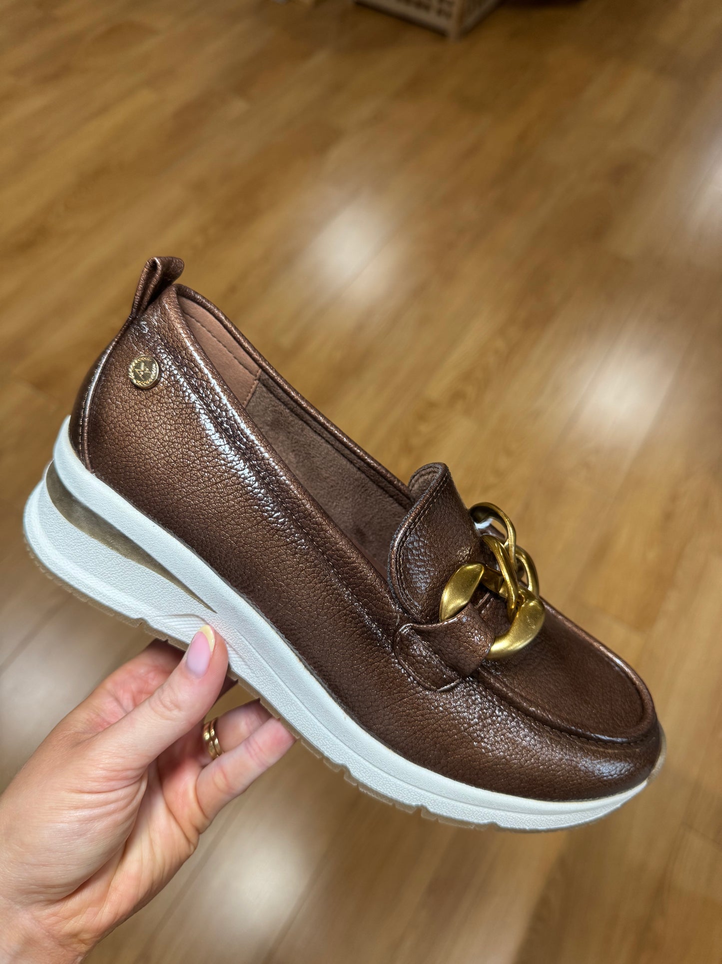 XTI Taupe Patent Wedge Loafer