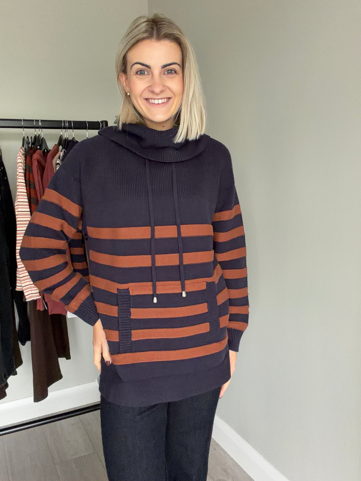 Mudflower Navy/Brown Cowl Stripe Jumper
