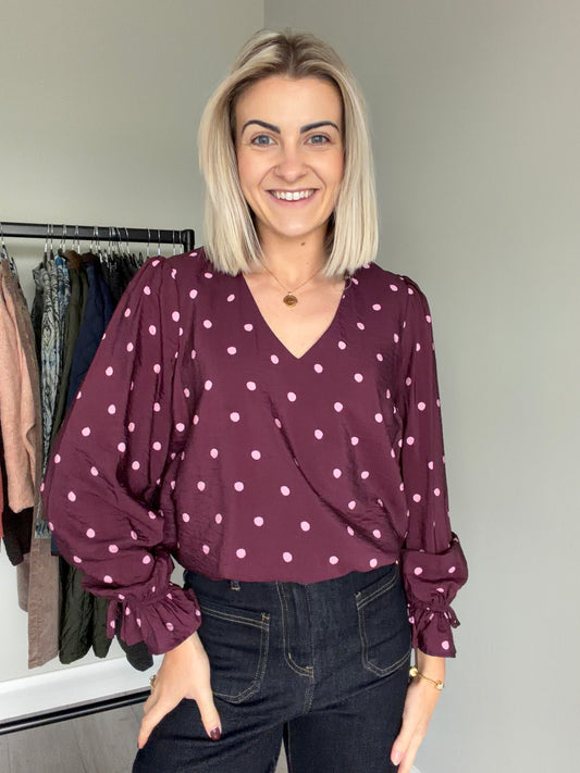Rant & Rave Sophia Burgundy Dot Top