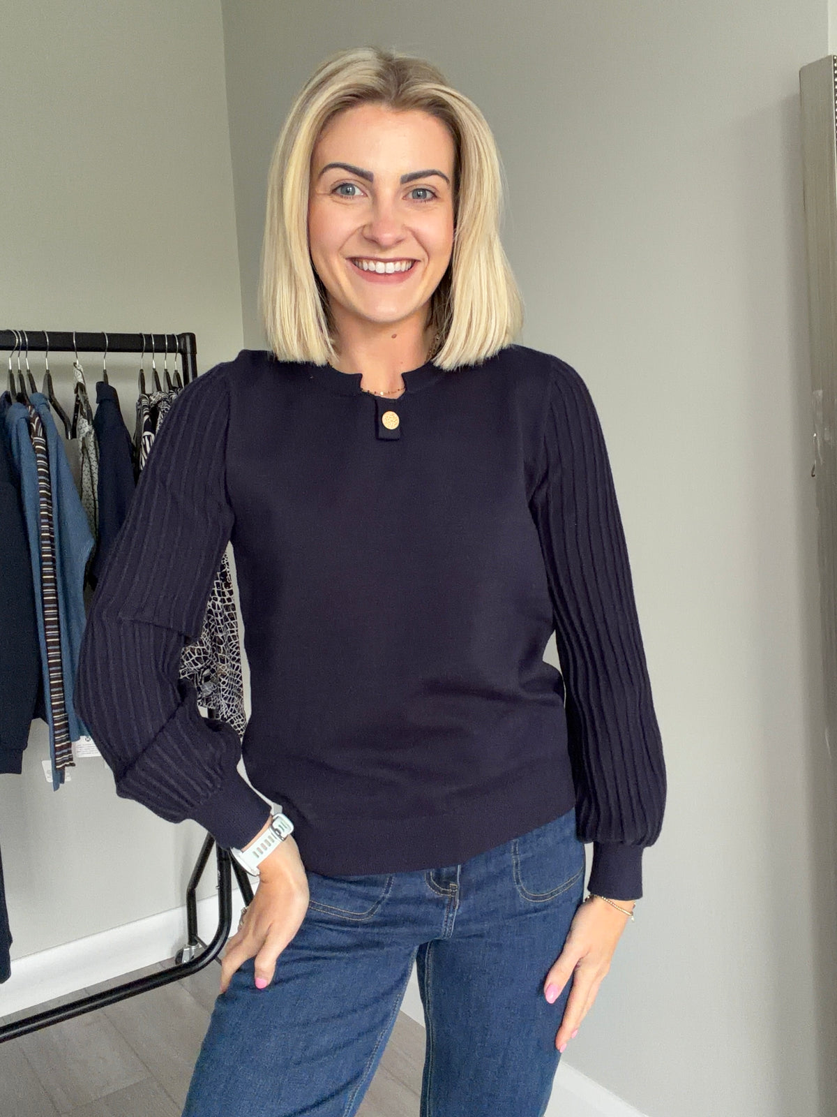 Navy Ribbed Scarf Jumper