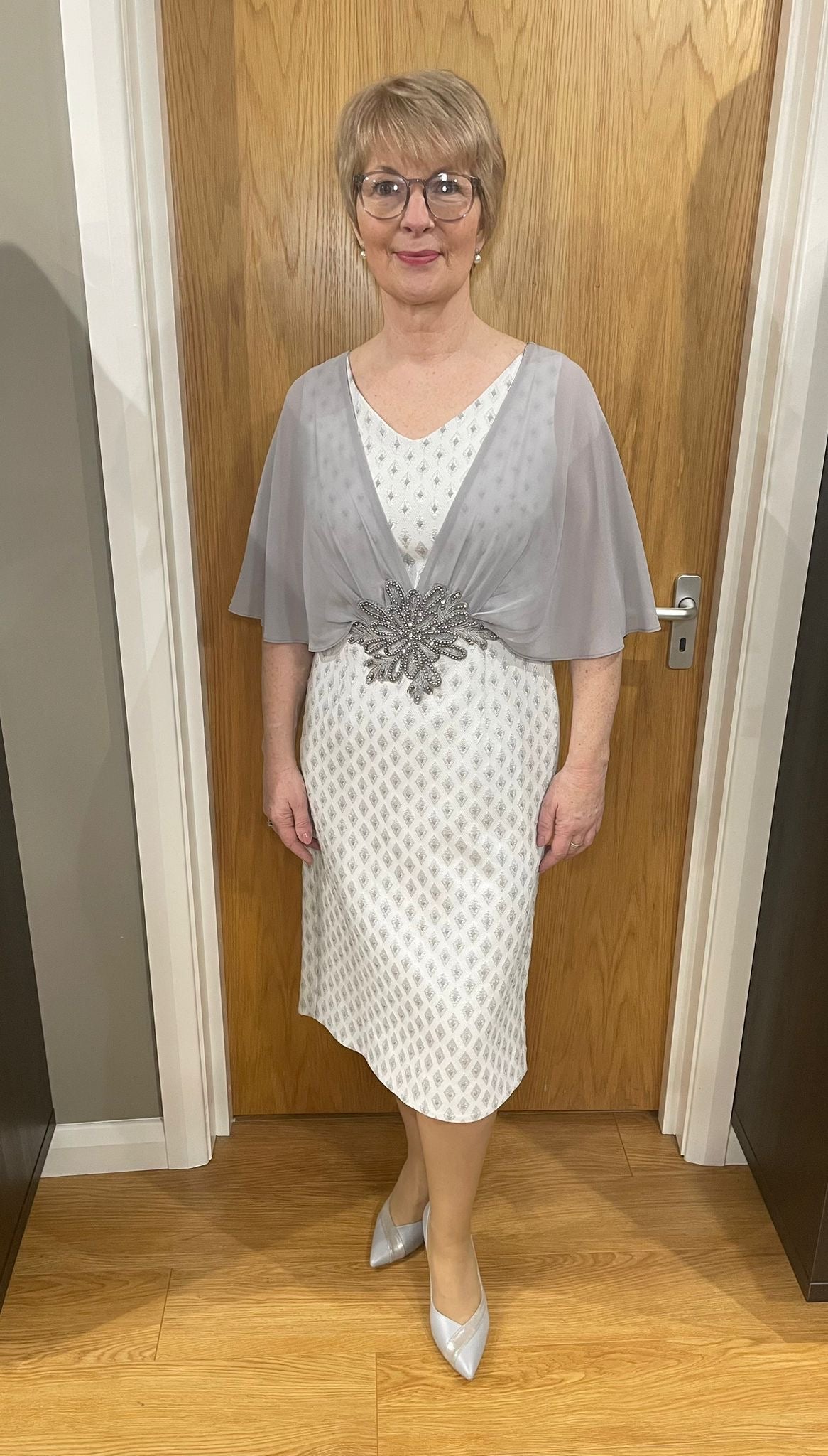 Lizabella White/Silver Cape Dress