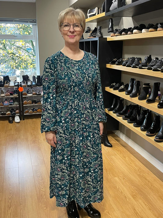 Green Floral Print Shirred Soft Touch Dress
