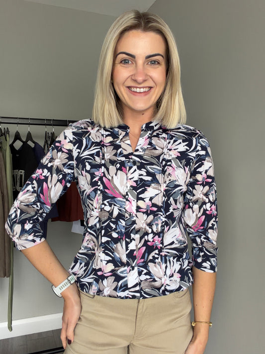 Classic Navy/Pink Floral 3/4 Blouse