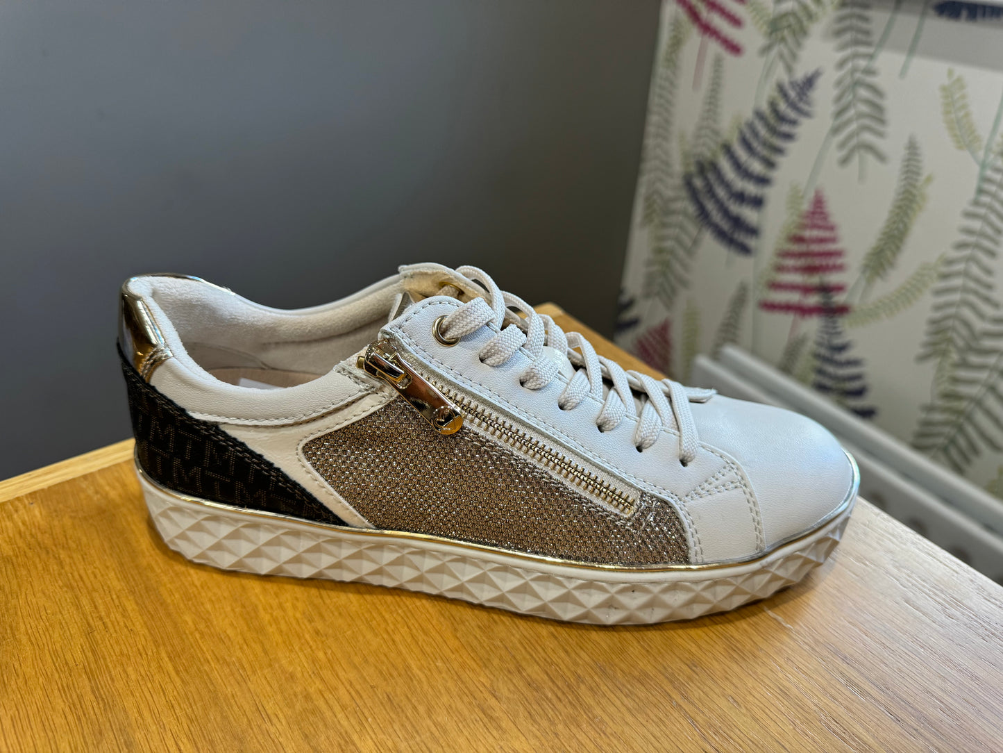 Marco Tozzi Cream Logo/Sparkle Trainer