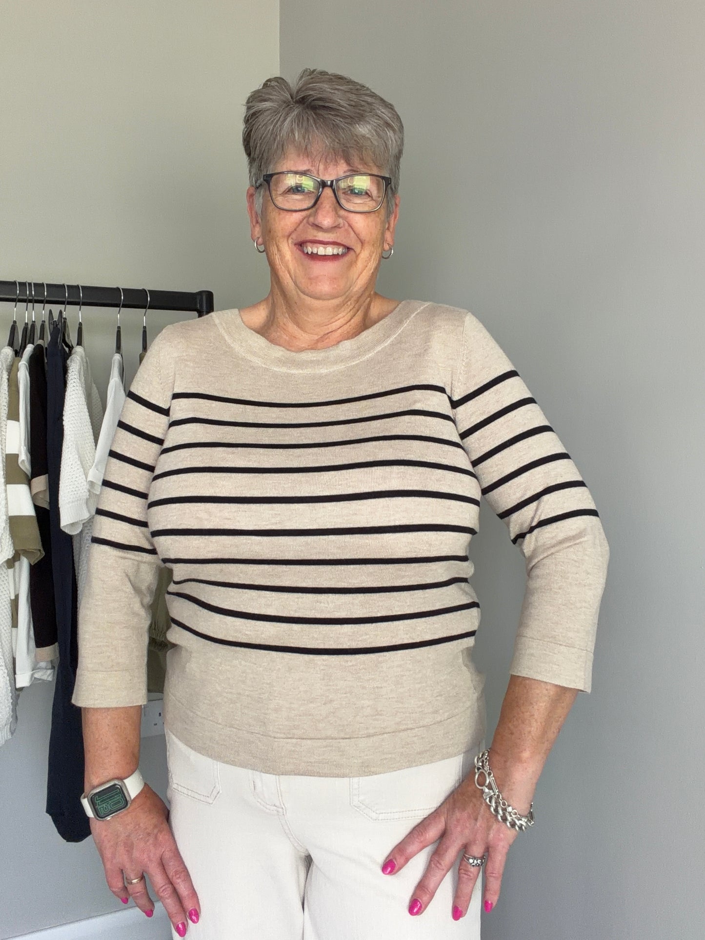 Kaffe KAlizza Feather Grey/Black Stripe Boatneck Pullover