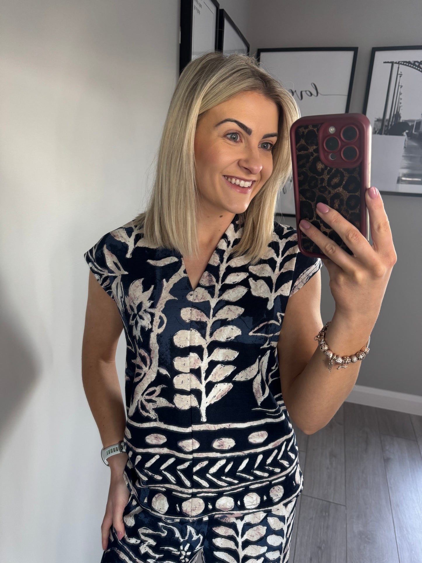 Navy/Beige Print Top