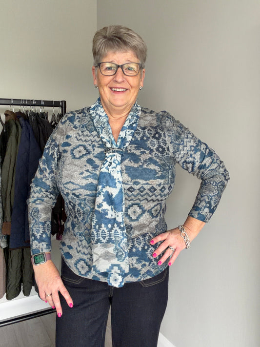 Slate Blue Abstract Scarf Top