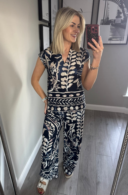 Navy/Beige Print Trousers