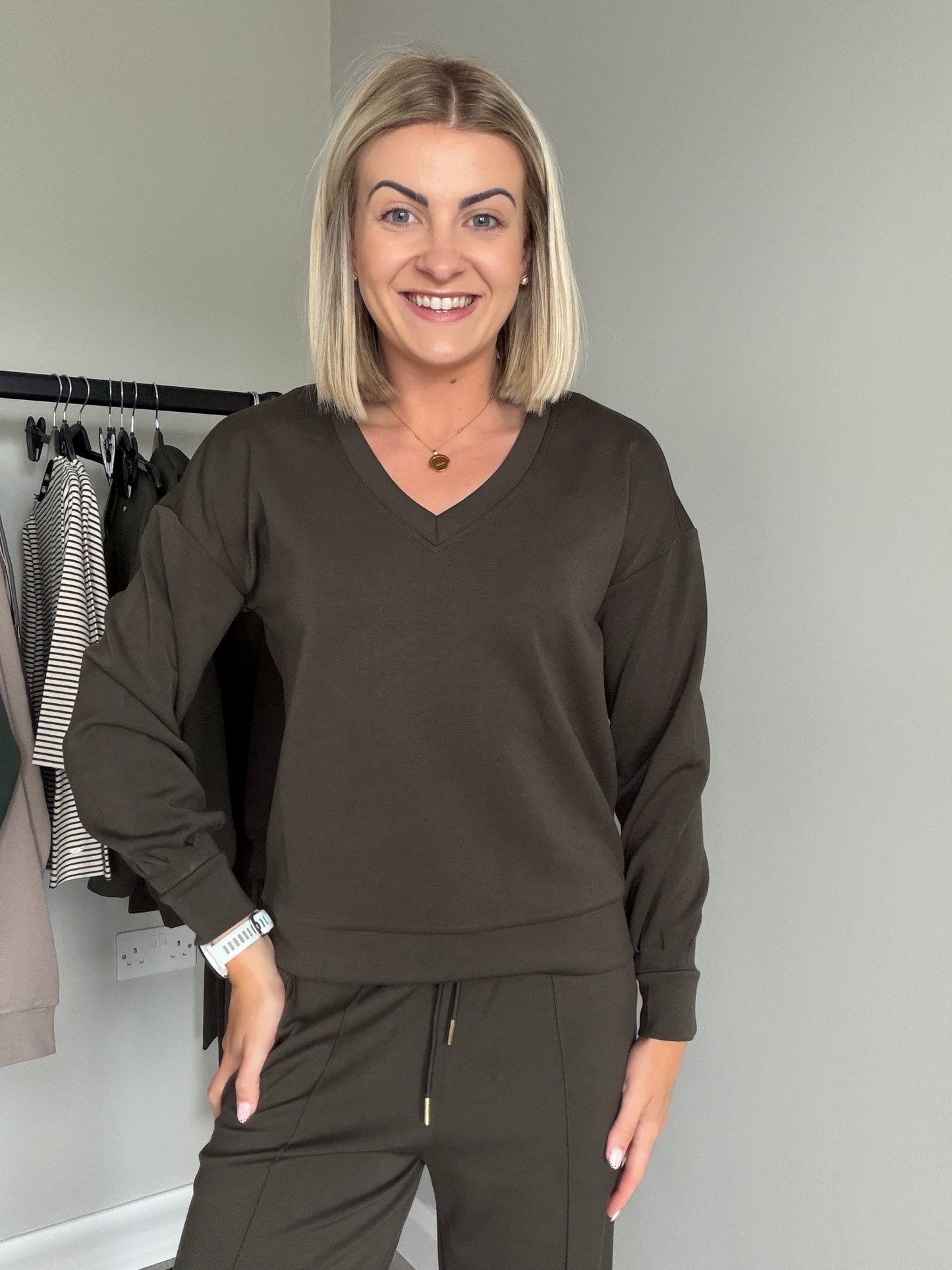 Relax & Renew Elara Khaki V Neck Sweater