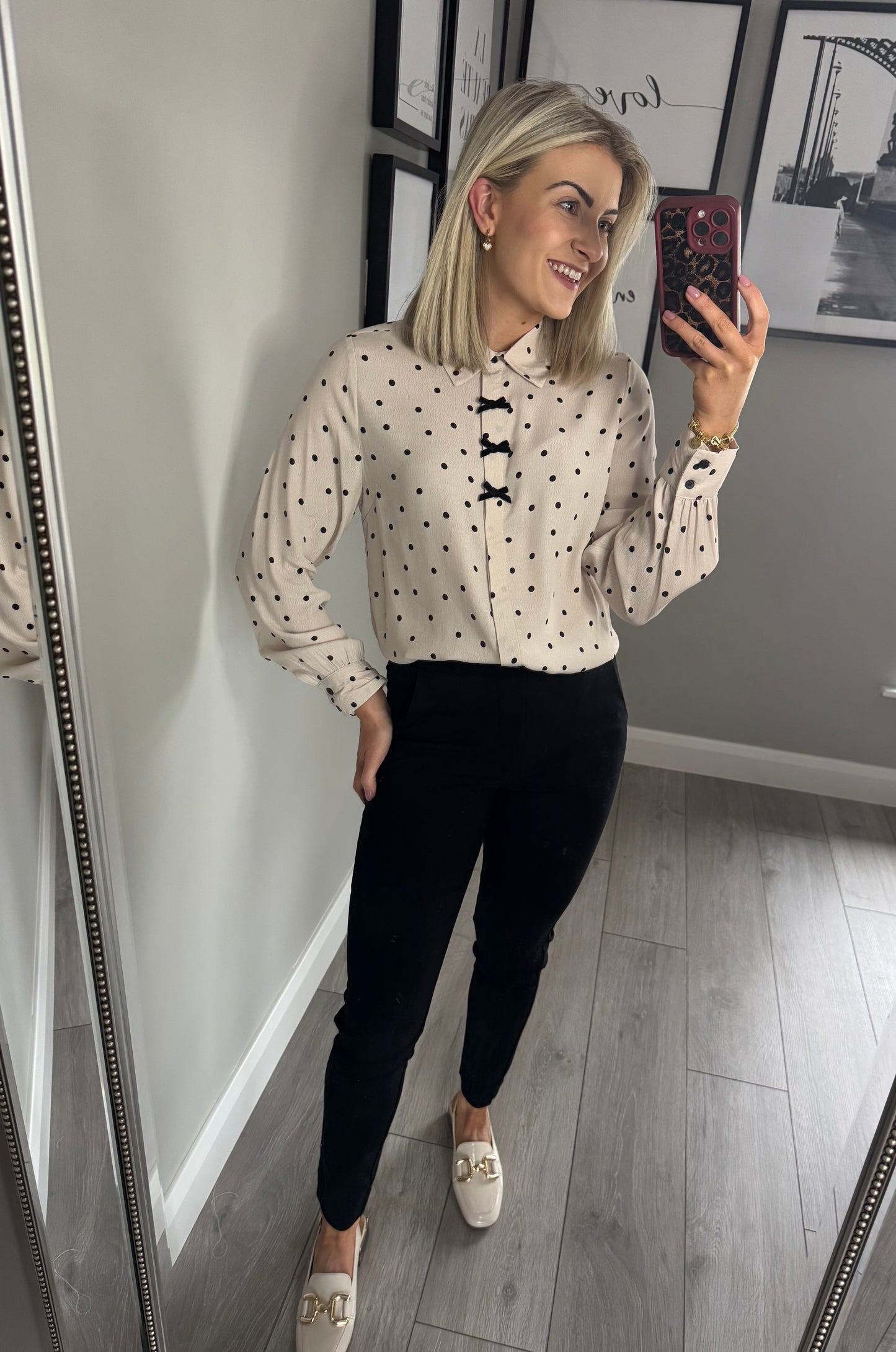 Freequent Beige/Black Polka Bow Blouse