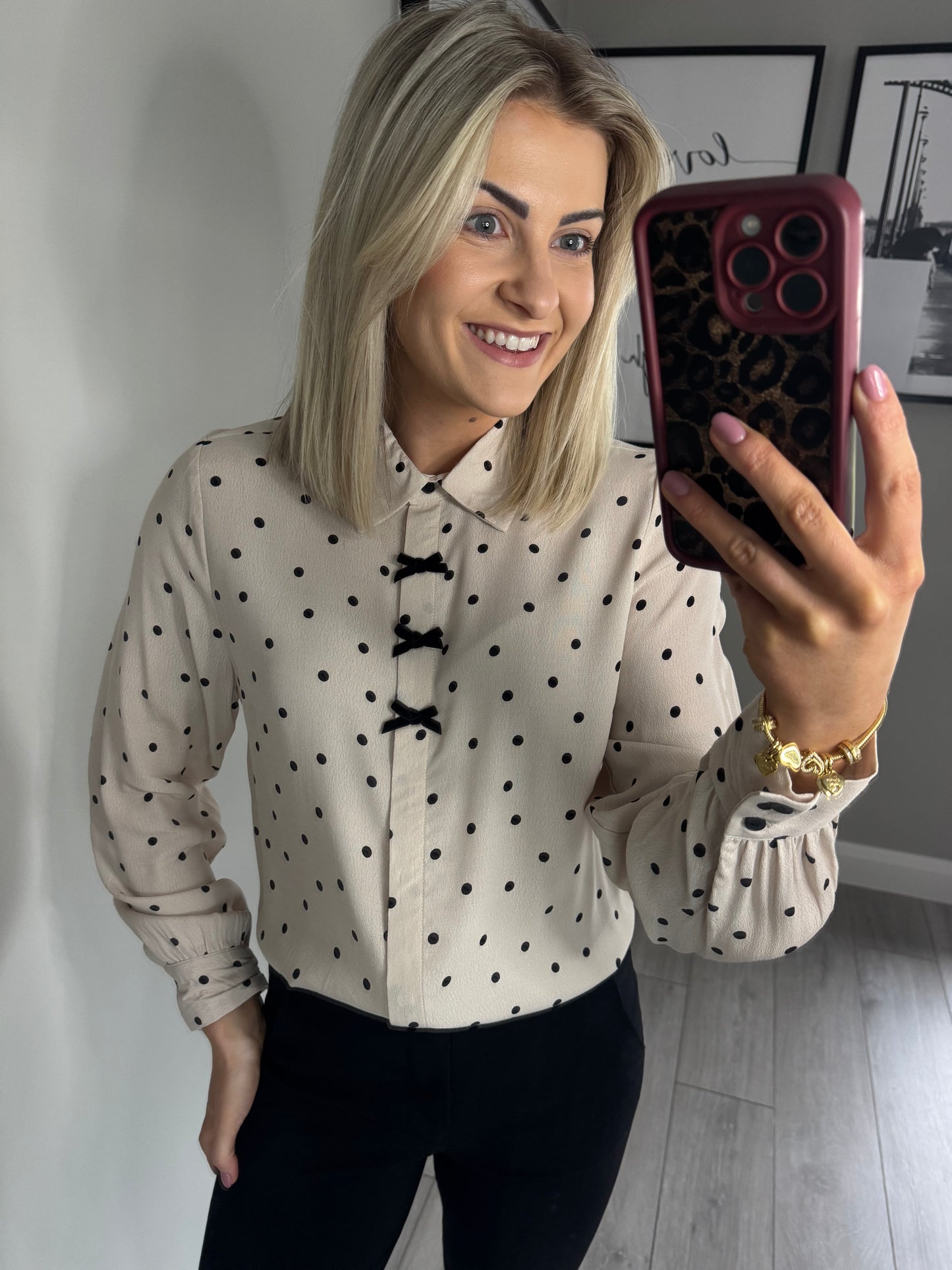 Freequent Beige/Black Polka Bow Blouse