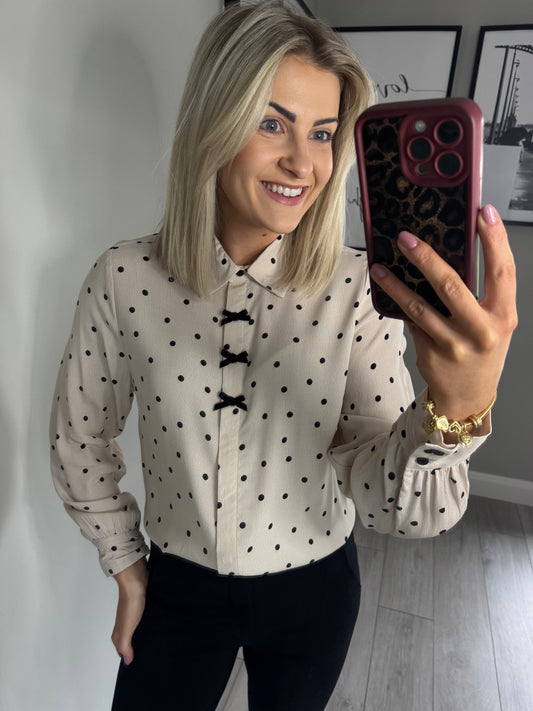 Freequent Beige/Black Polka Bow Blouse