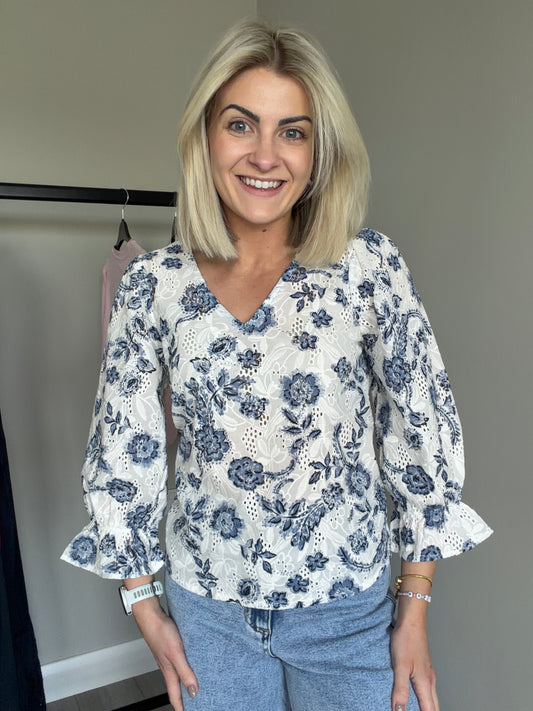 Kaffe KAluisa White/Denim Embroidered Blouse