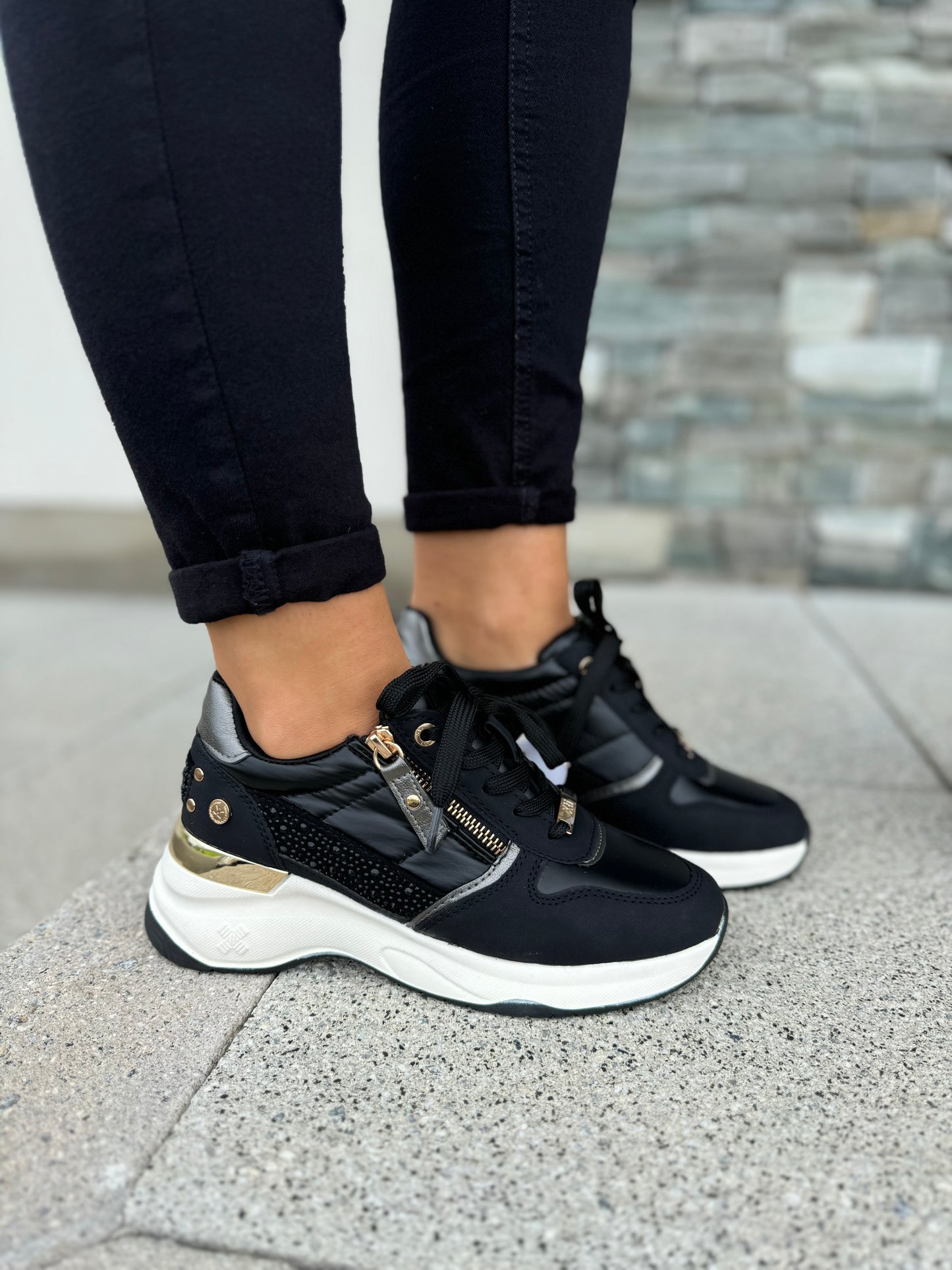 XTI Black Diamanté Wedge Trainer