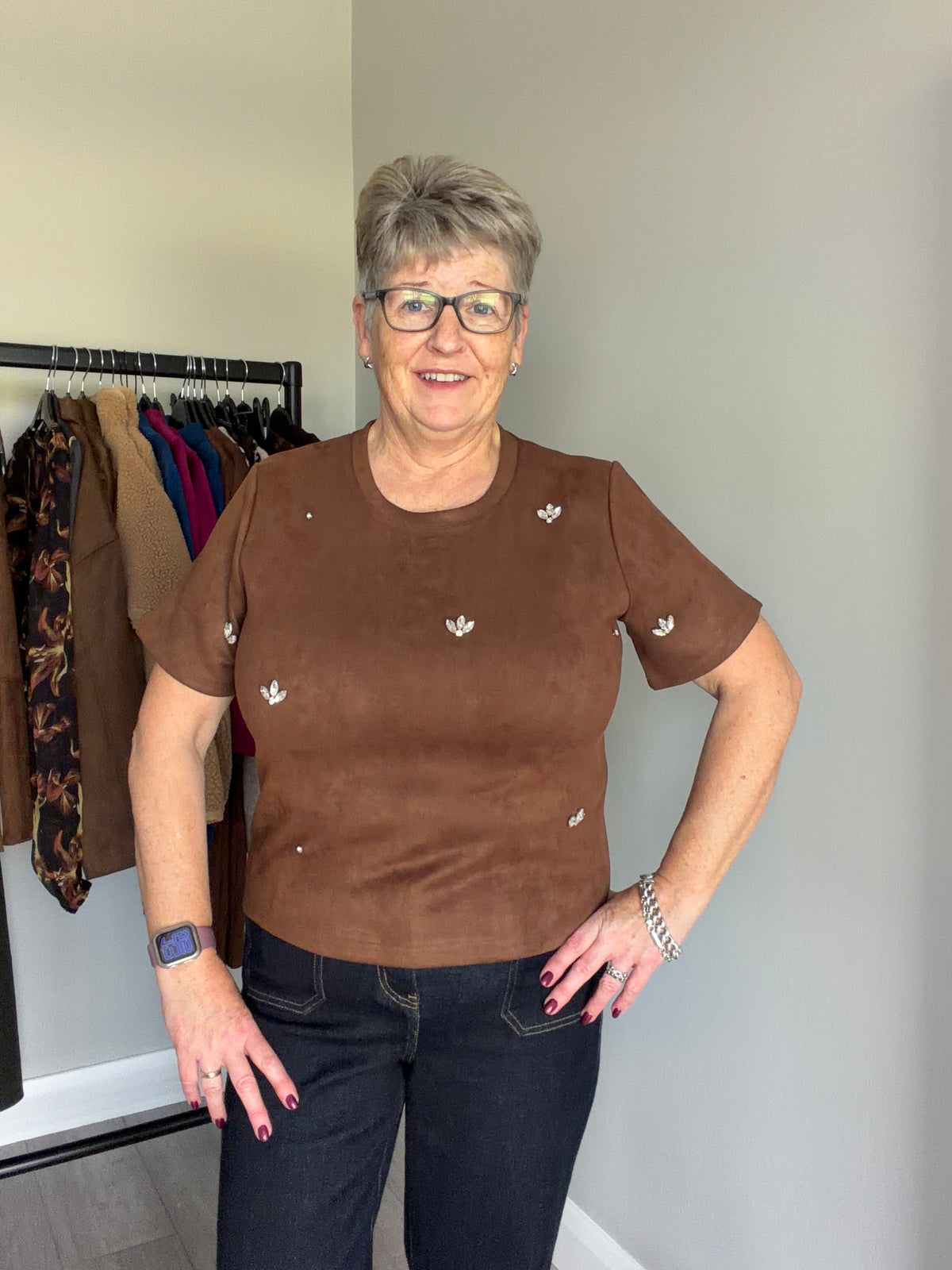 Brown Suede Embellished Top