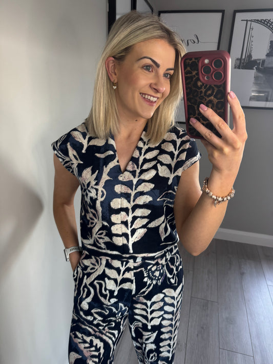 Navy/Beige Print Top