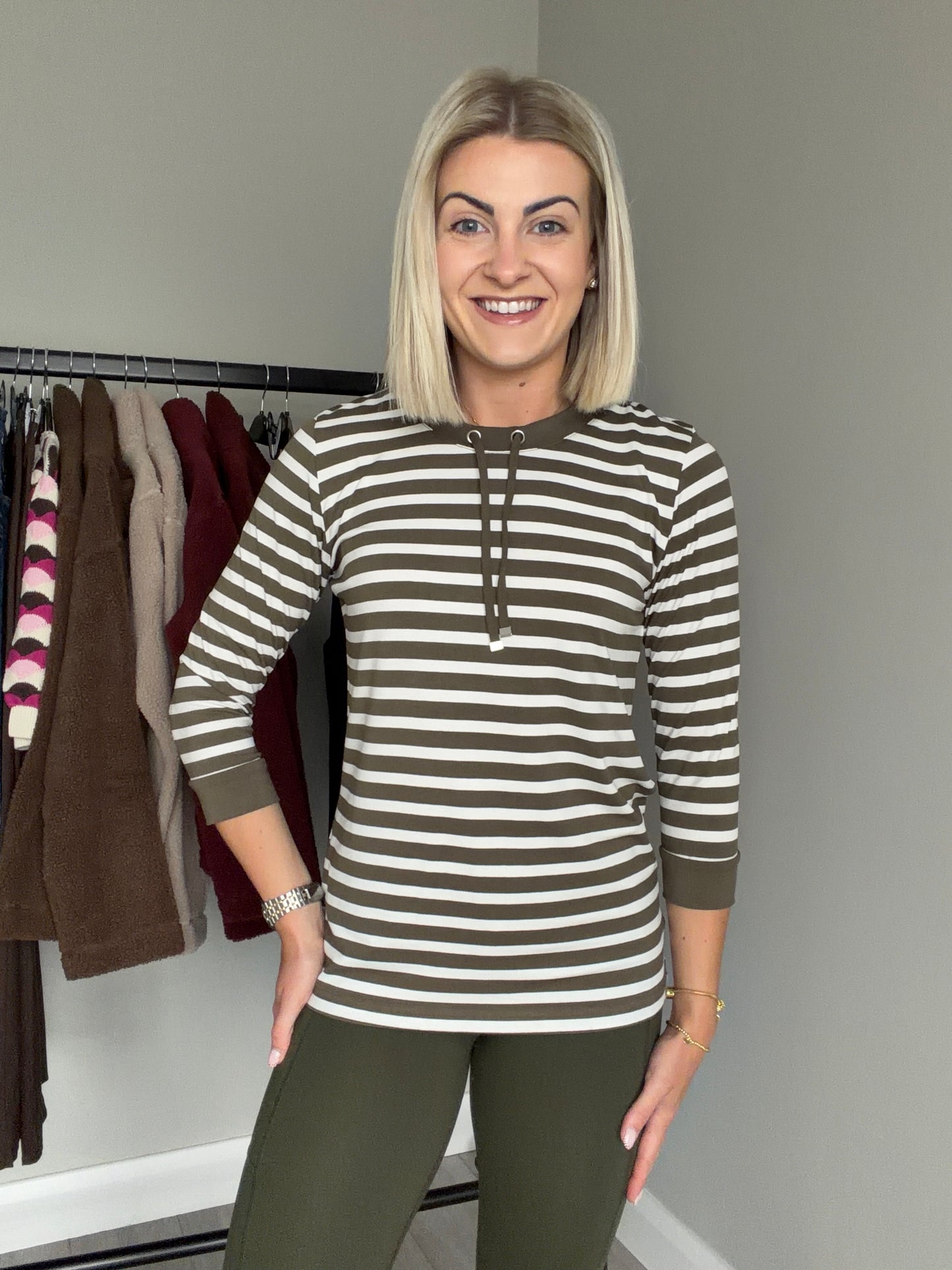 Olive/Off White Striped Top