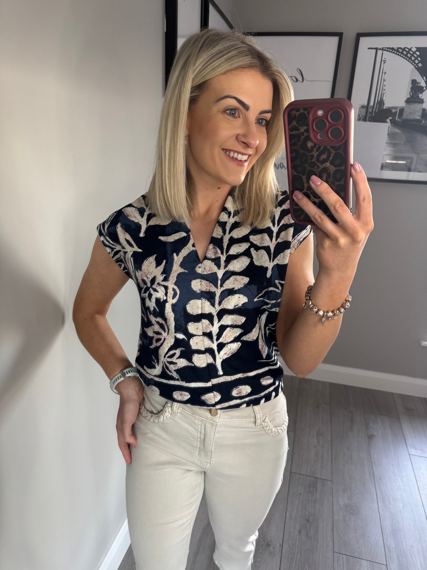Navy/Beige Print Top