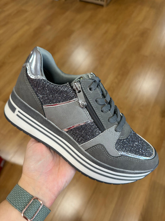 Marco Tozzi Grey Glitter Zip Trainer