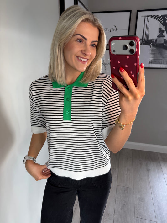 Kaffe KAlizza Black/Chalk Striped Polo Knit
