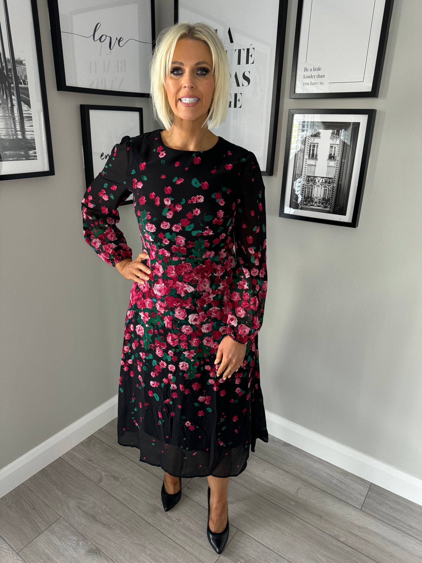 Pink/Black Rose Print Dress