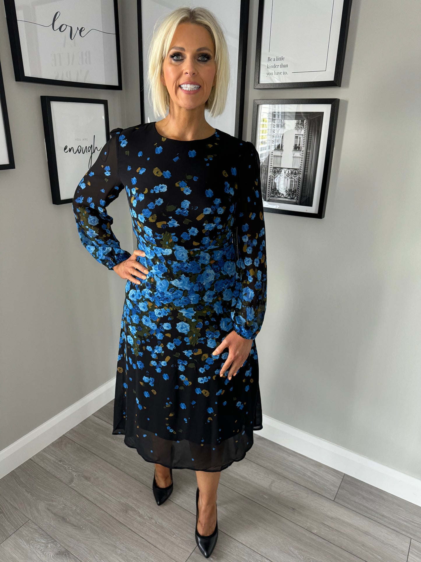 Blue/Black Rose Print Dress