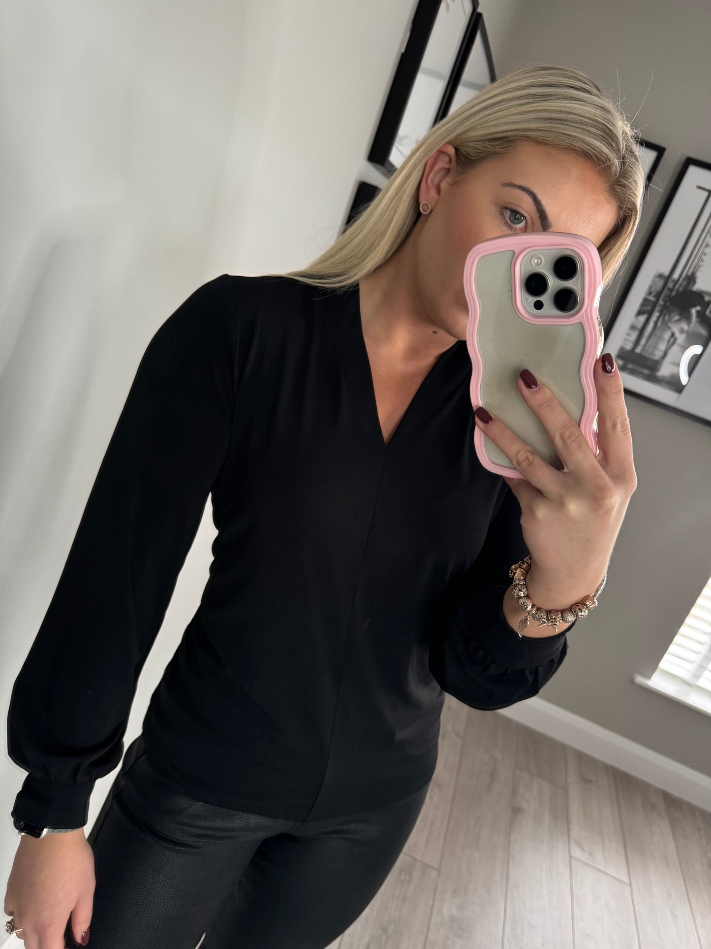 Freequent Black Long Sleeve V Blouse