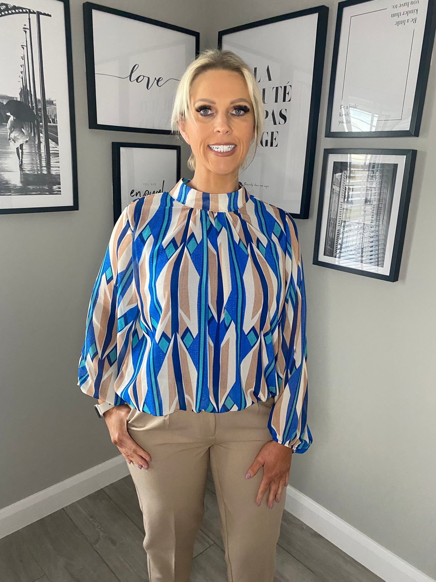 Royal/Beige Balloon Blouse