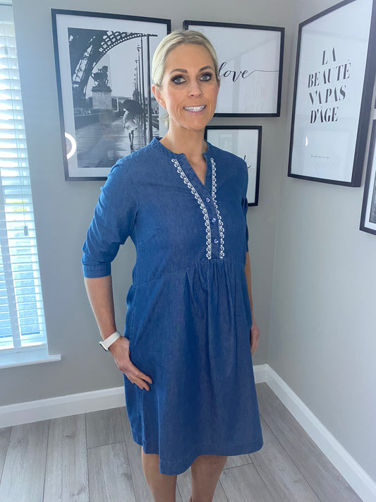 Pomodoro Denim Embroidered Dress